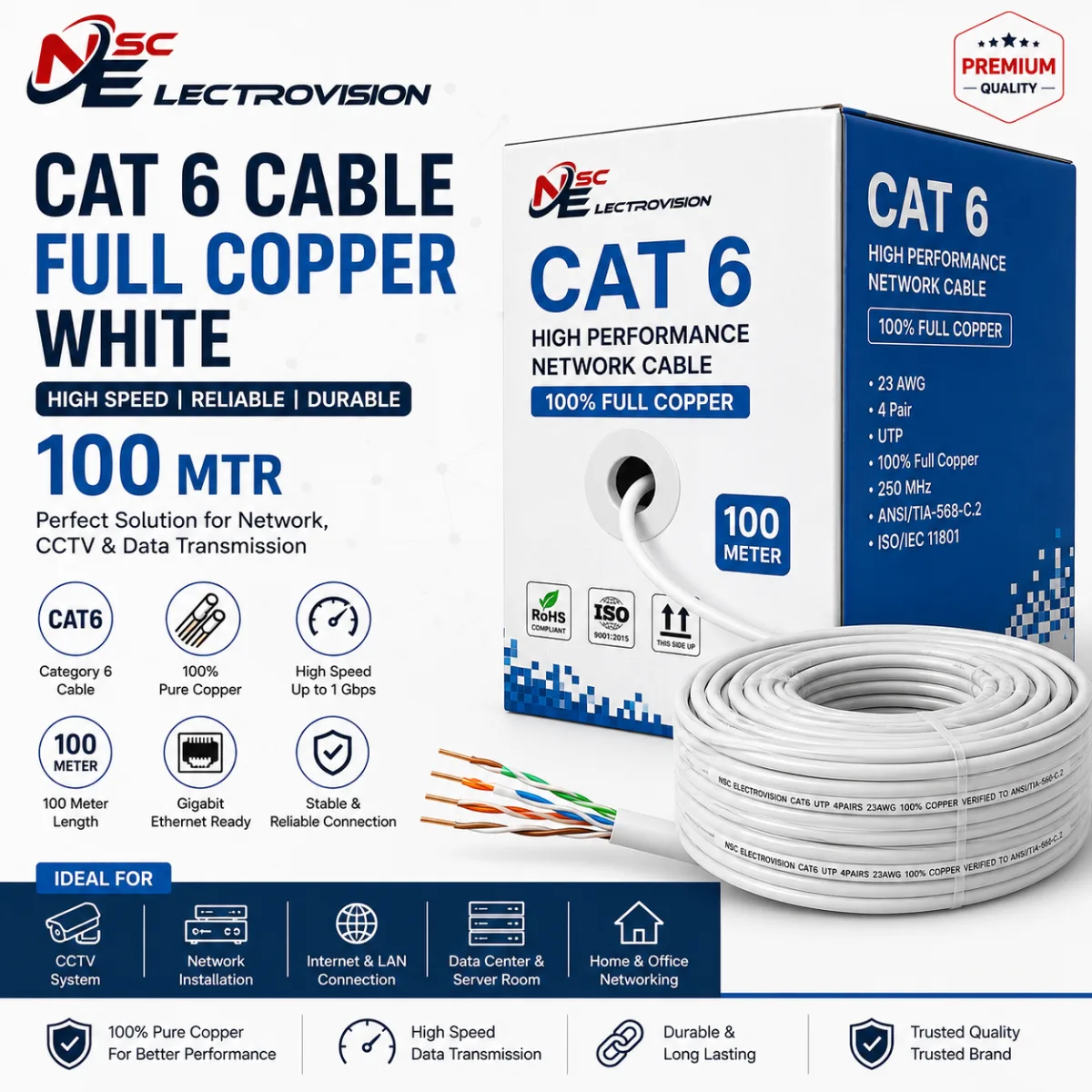 Cat 6 Cable Full Copper white 100 mtr